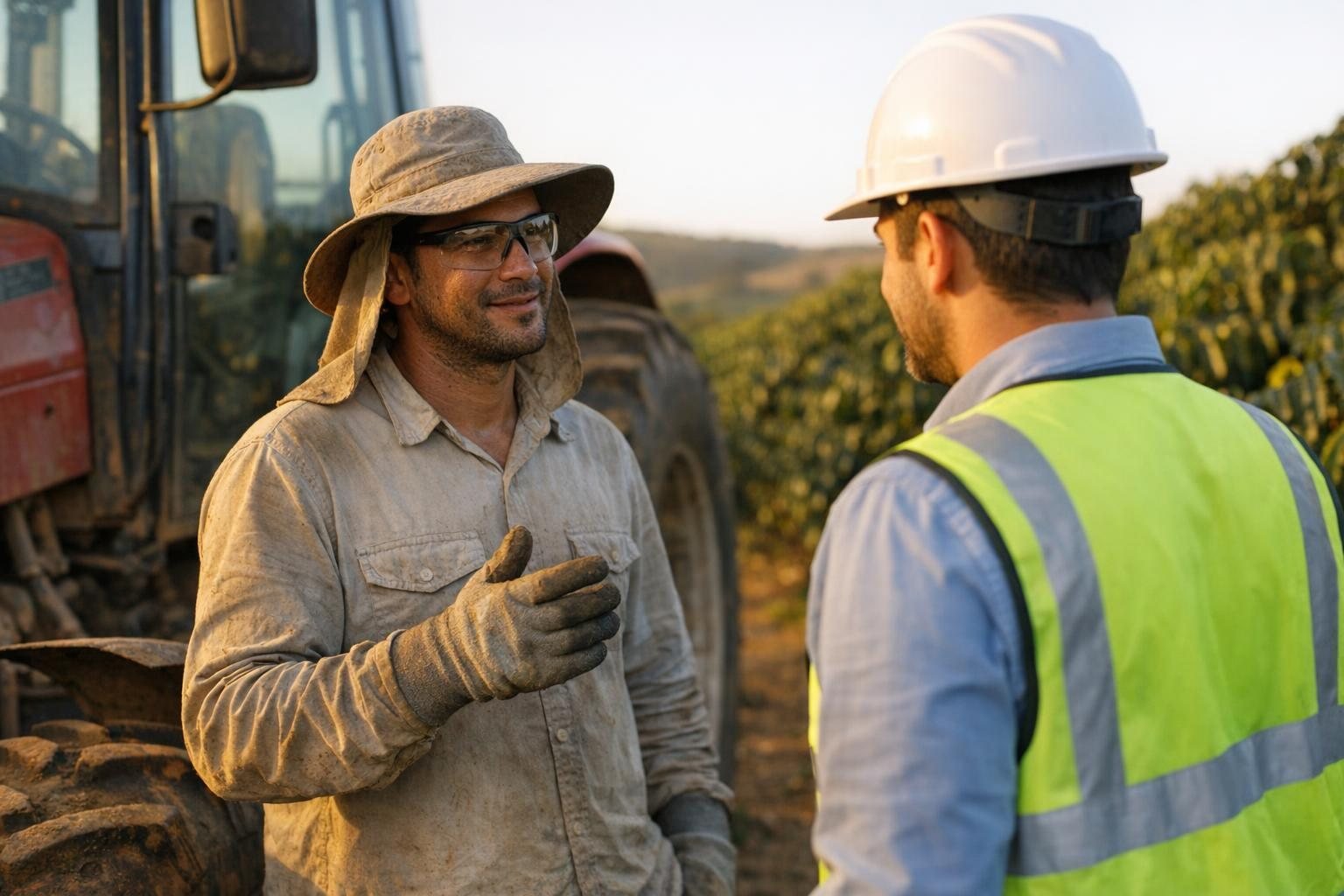 Técnico de segurança conversando com um trabalhador durante uma visita