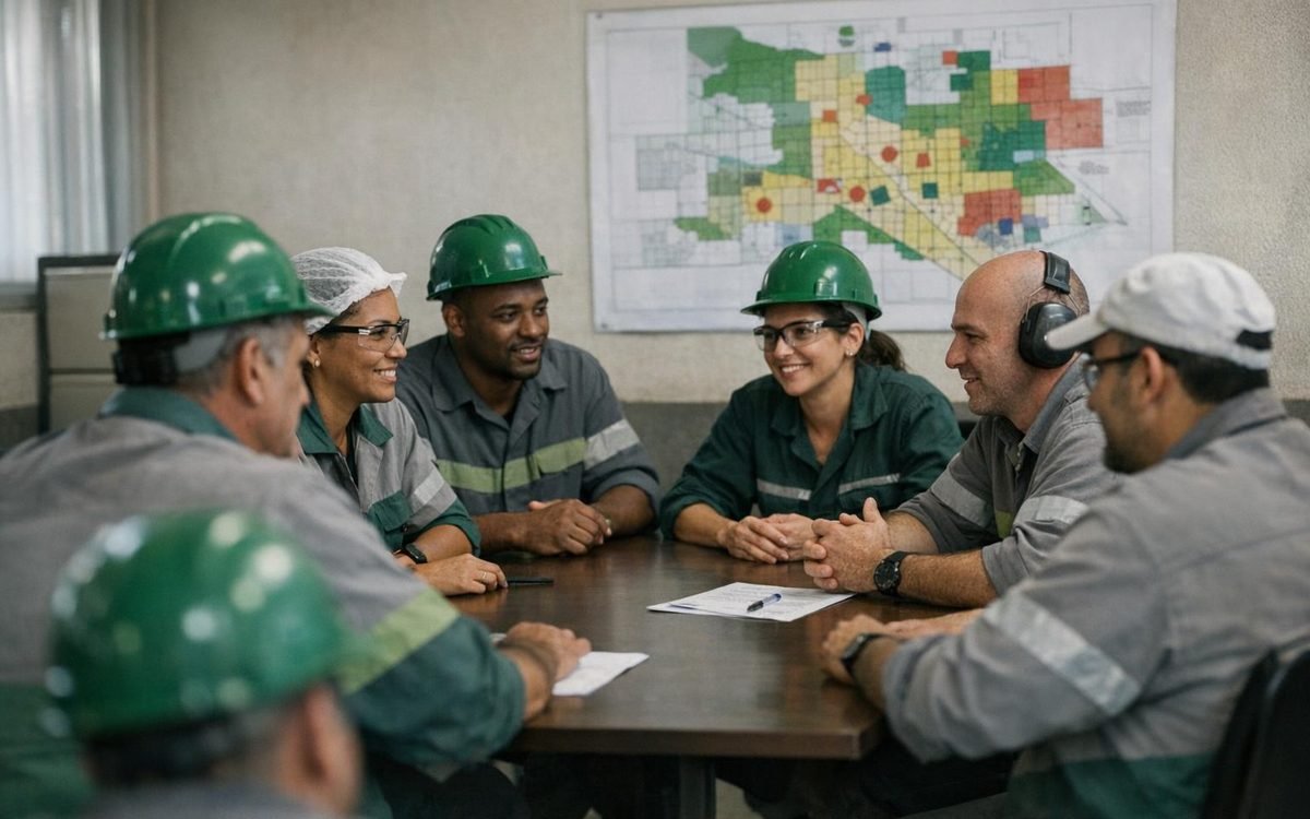 Reunião da CIPA com mapa de riscos na parede