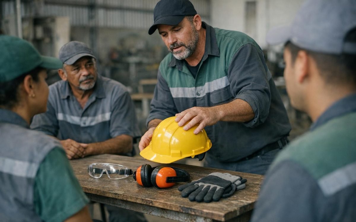 Instrutor mostrando equipamentos de proteção individual para a turma