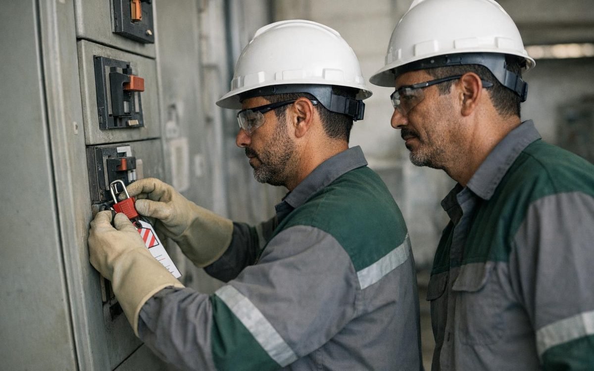 Eletricista colocando cadeado de bloqueio em painel elétrico
