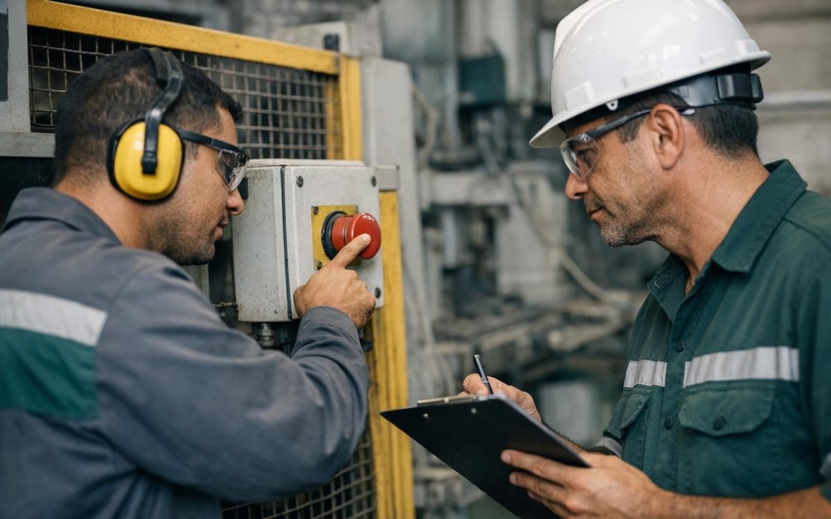 Operador apontando o botão de parada de emergência de uma máquina