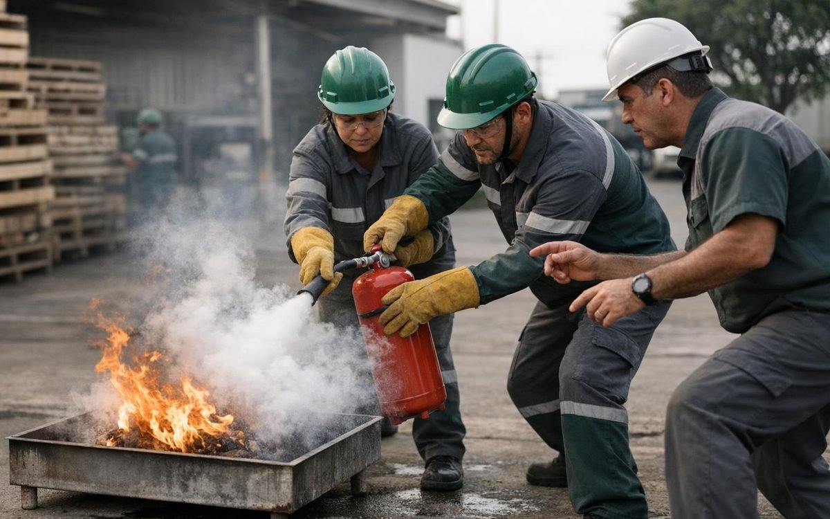 Brigadistas apagando fogo controlado com extintor