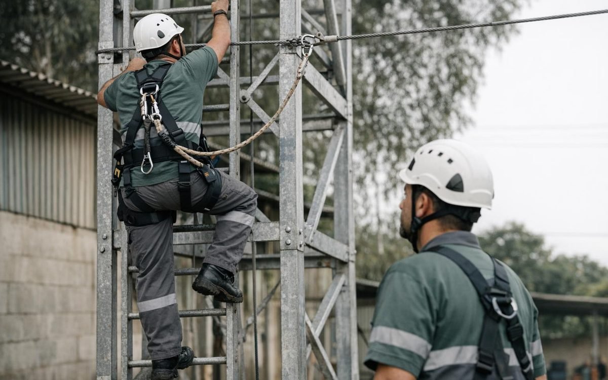 Trabalhador com cinto paraquedista preso à linha de vida em estrutura metálica