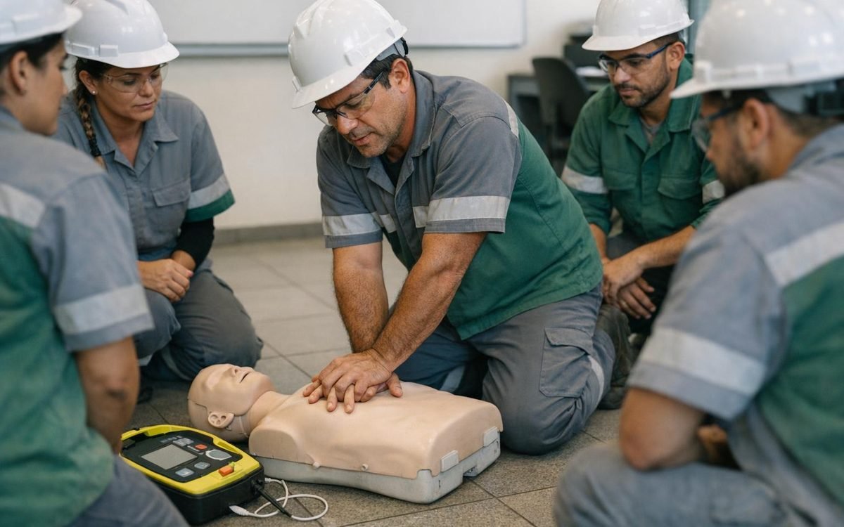 Instrutor demonstrando massagem cardíaca em manequim para a turma